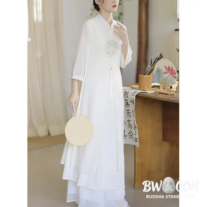 Buddha Stones Embroidery Chiffon Cheongsam Midi Dress Wide Leg Pants Meditation Zen Practice Clothing - Women’s