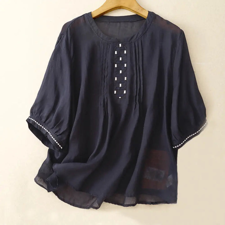 Buddha Stones Embroidery Crew Neck Pleats Women’s Cotton Linen Half Sleeve T-shirt - MidnightBlue / US6，UK/AU10，EU38