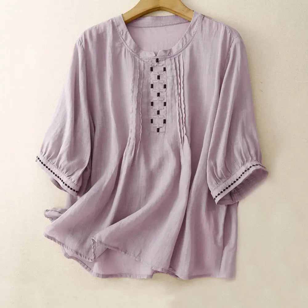 Buddha Stones Embroidery Crew Neck Pleats Women’s Cotton Linen Half Sleeve T-shirt - Plum / US6，UK/AU10，EU38 (M)