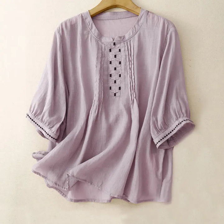 Buddha Stones Embroidery Crew Neck Pleats Women’s Cotton Linen Half Sleeve T-shirt - Plum / US6，UK/AU10，EU38 (M)