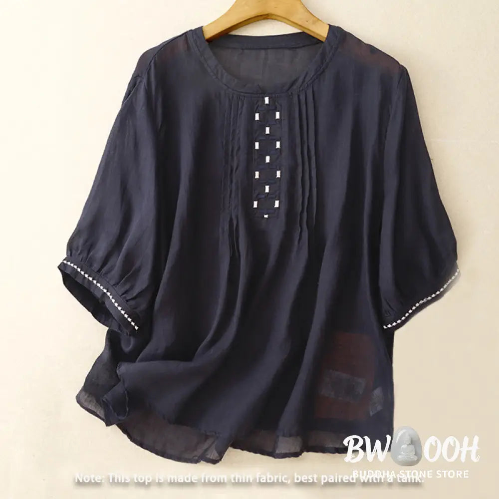 Buddha Stones Embroidery Crew Neck Pleats Women’s Cotton Linen Half Sleeve T-shirt - Women’s T-Shirts