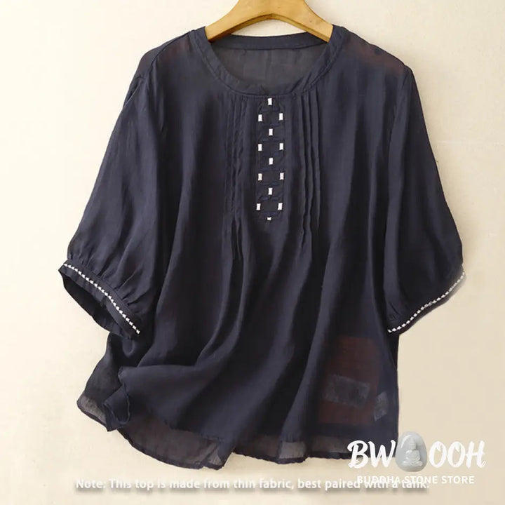 Buddha Stones Embroidery Crew Neck Pleats Women’s Cotton Linen Half Sleeve T-shirt - Women’s T-Shirts