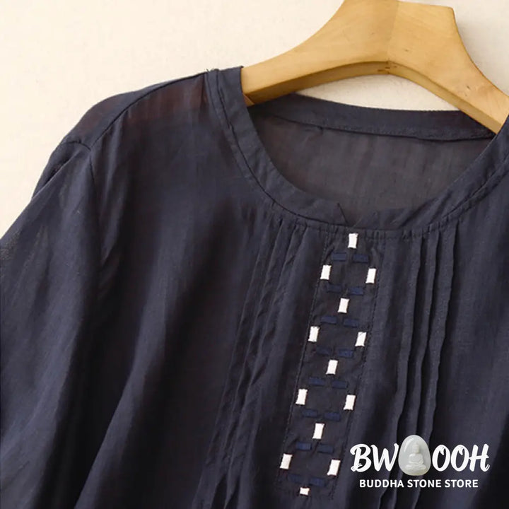 Buddha Stones Embroidery Crew Neck Pleats Women’s Cotton Linen Half Sleeve T-shirt - Women’s T-Shirts