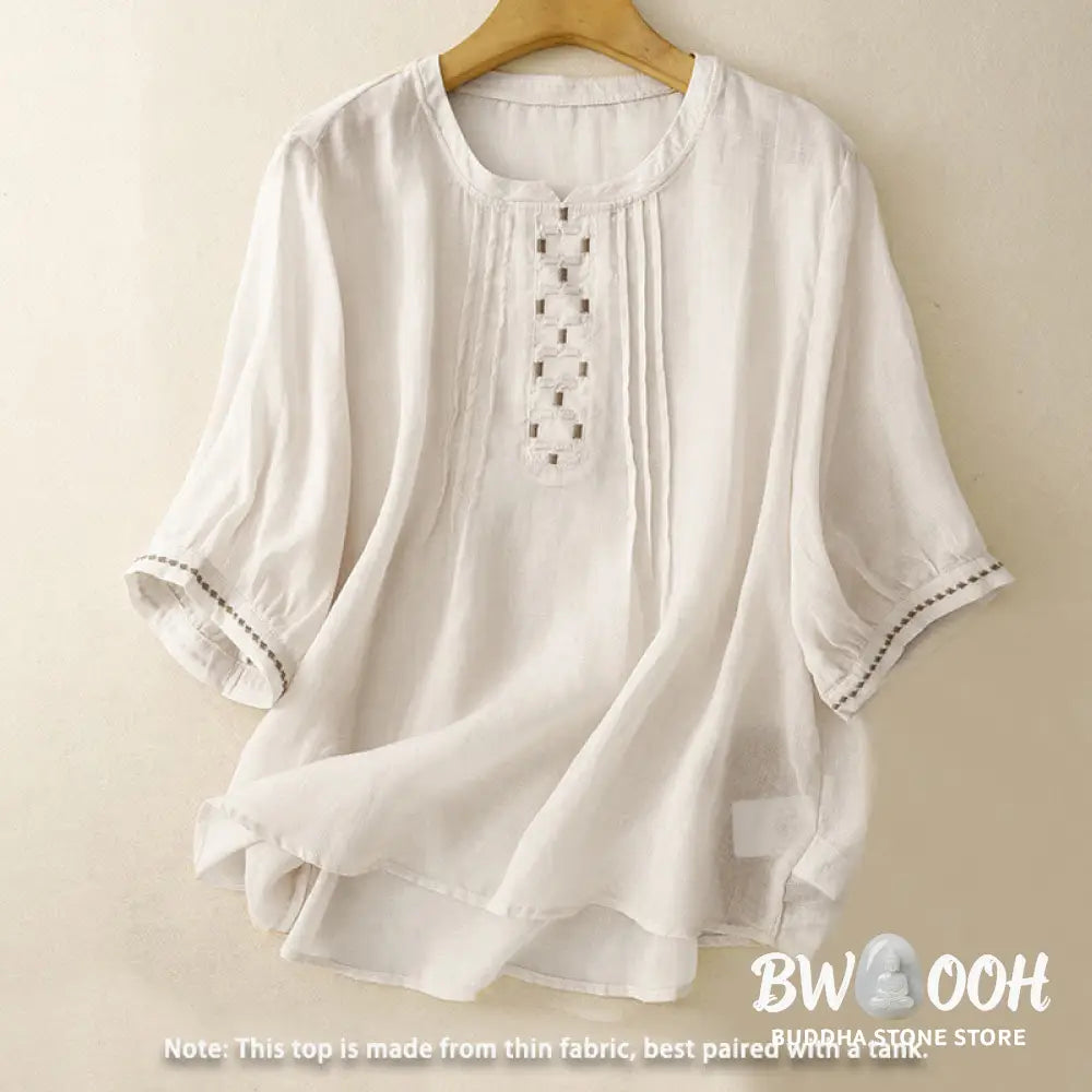 Buddha Stones Embroidery Crew Neck Pleats Women’s Cotton Linen Half Sleeve T-shirt - Women’s T-Shirts
