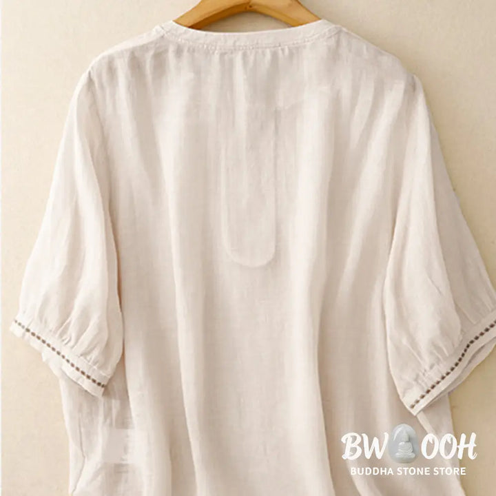 Buddha Stones Embroidery Crew Neck Pleats Women’s Cotton Linen Half Sleeve T-shirt - Women’s T-Shirts