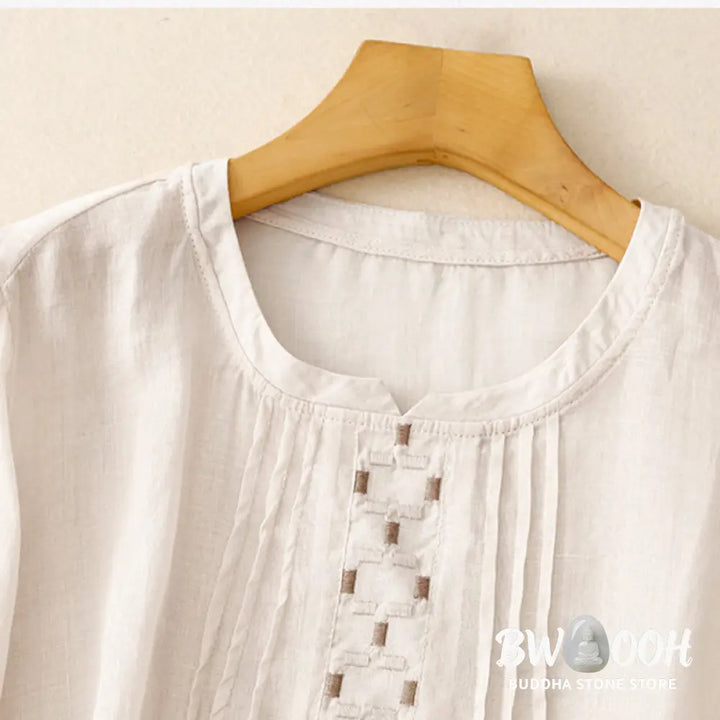 Buddha Stones Embroidery Crew Neck Pleats Women’s Cotton Linen Half Sleeve T-shirt - Women’s T-Shirts