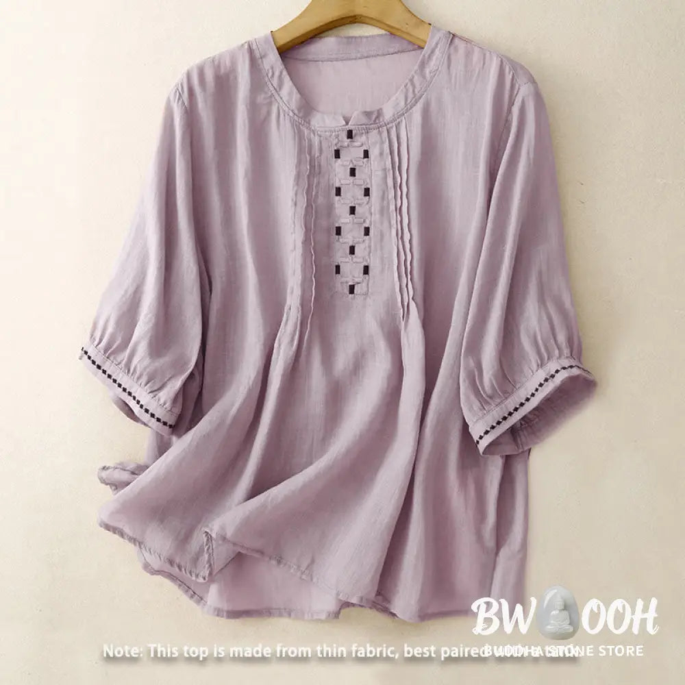 Buddha Stones Embroidery Crew Neck Pleats Women’s Cotton Linen Half Sleeve T-shirt - Women’s T-Shirts