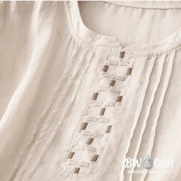 Buddha Stones Embroidery Crew Neck Pleats Women’s Cotton Linen Half Sleeve T-shirt - Women’s T-Shirts