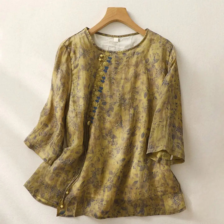 Buddha Stones Embroidery Design Leaves Women’s Cotton Linen Three Quarter Sleeve Shirt - DarkGoldenrod