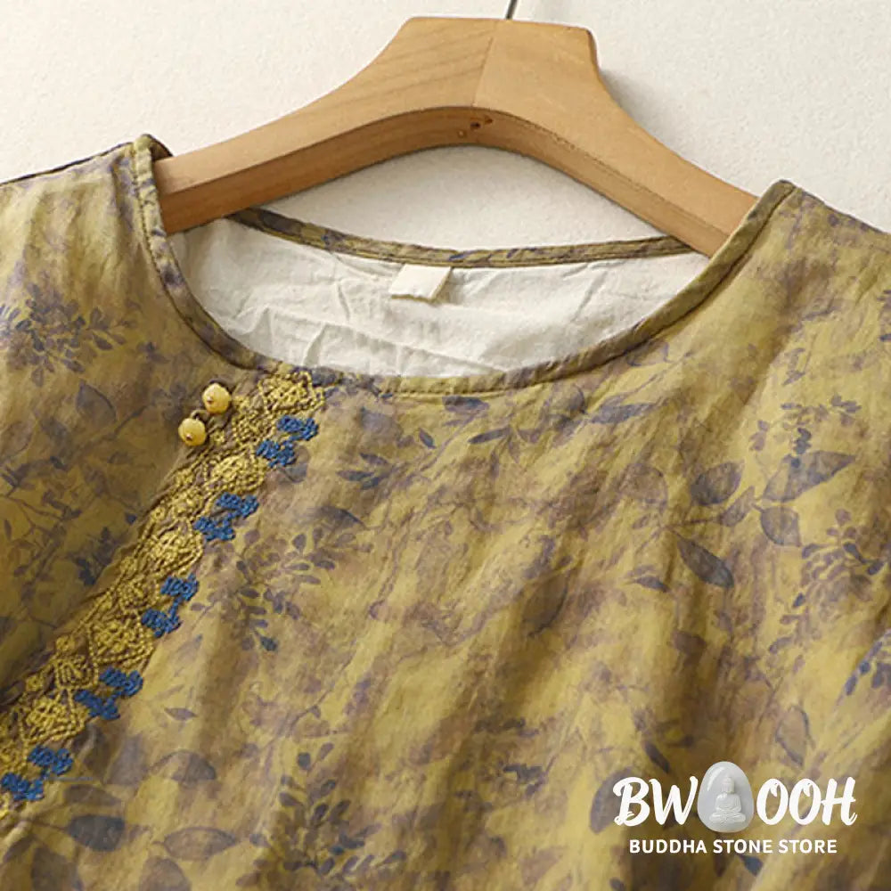 Buddha Stones Embroidery Design Leaves Women’s Cotton Linen Three Quarter Sleeve Shirt - Women’s T-Shirts