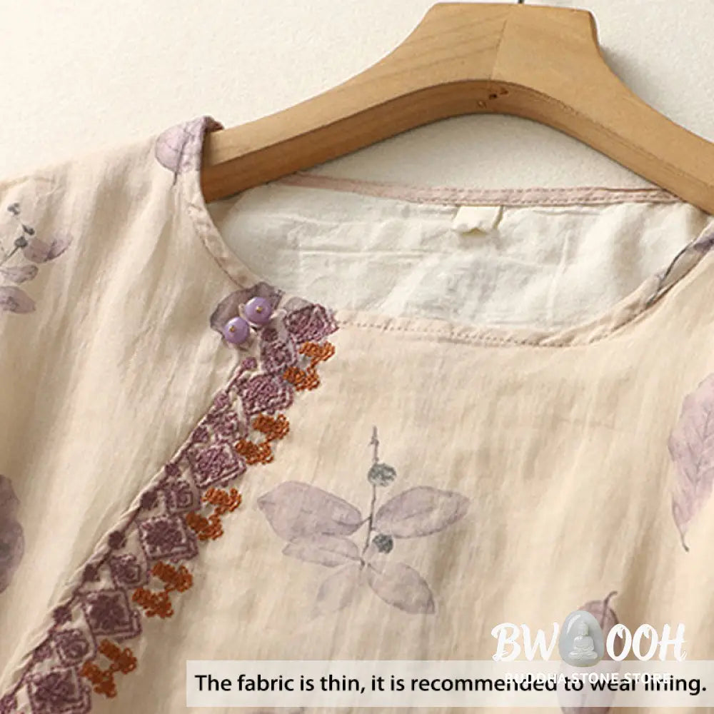 Buddha Stones Embroidery Design Leaves Women’s Cotton Linen Three Quarter Sleeve Shirt - Women’s T-Shirts