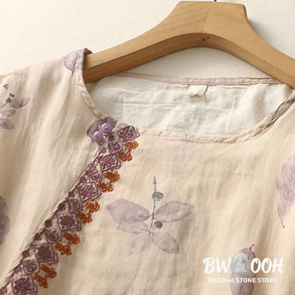 Buddha Stones Embroidery Design Leaves Women’s Cotton Linen Three Quarter Sleeve Shirt - Women’s T-Shirts