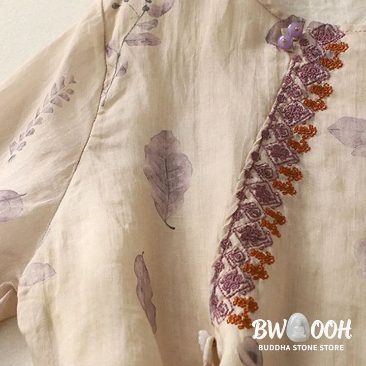 Buddha Stones Embroidery Design Leaves Women’s Cotton Linen Three Quarter Sleeve Shirt - Women’s T-Shirts