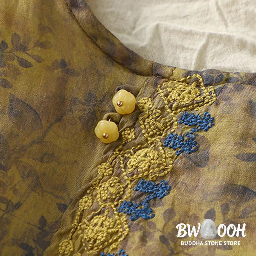 Buddha Stones Embroidery Design Leaves Women’s Cotton Linen Three Quarter Sleeve Shirt - Women’s T-Shirts