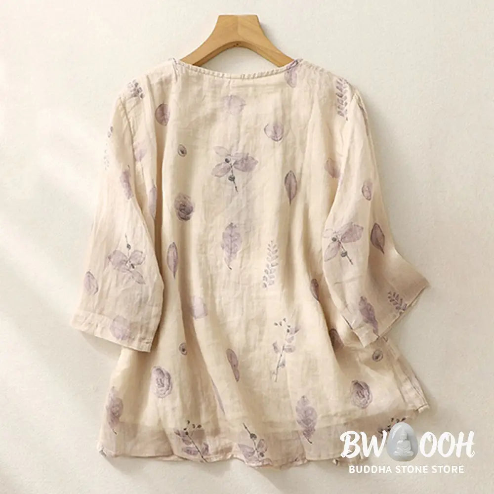 Buddha Stones Embroidery Design Leaves Women’s Cotton Linen Three Quarter Sleeve Shirt - Women’s T-Shirts