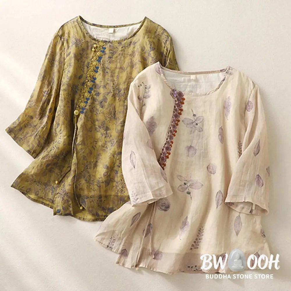 Buddha Stones Embroidery Design Leaves Women’s Cotton Linen Three Quarter Sleeve Shirt - Women’s T-Shirts