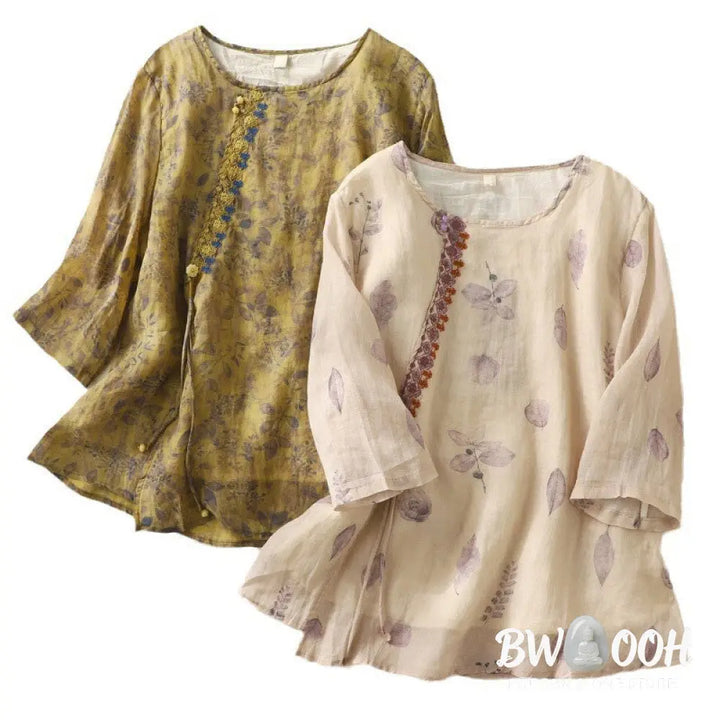 Buddha Stones Embroidery Design Leaves Women’s Cotton Linen Three Quarter Sleeve Shirt - Women’s T-Shirts