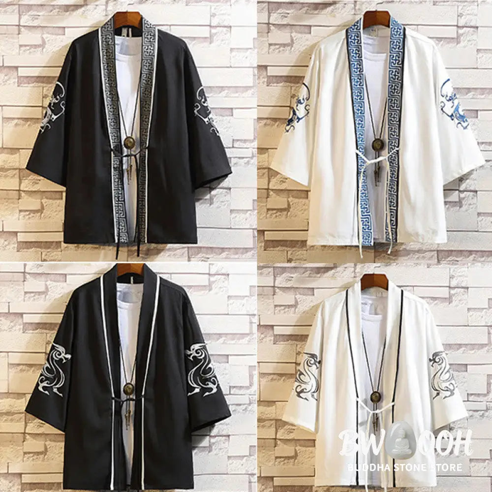 Buddha Stones Embroidery Dragon Phoenix Auspicious Cloud Waves Leaves Cranes Open Front Jacket Men’s Kimono - Men’s