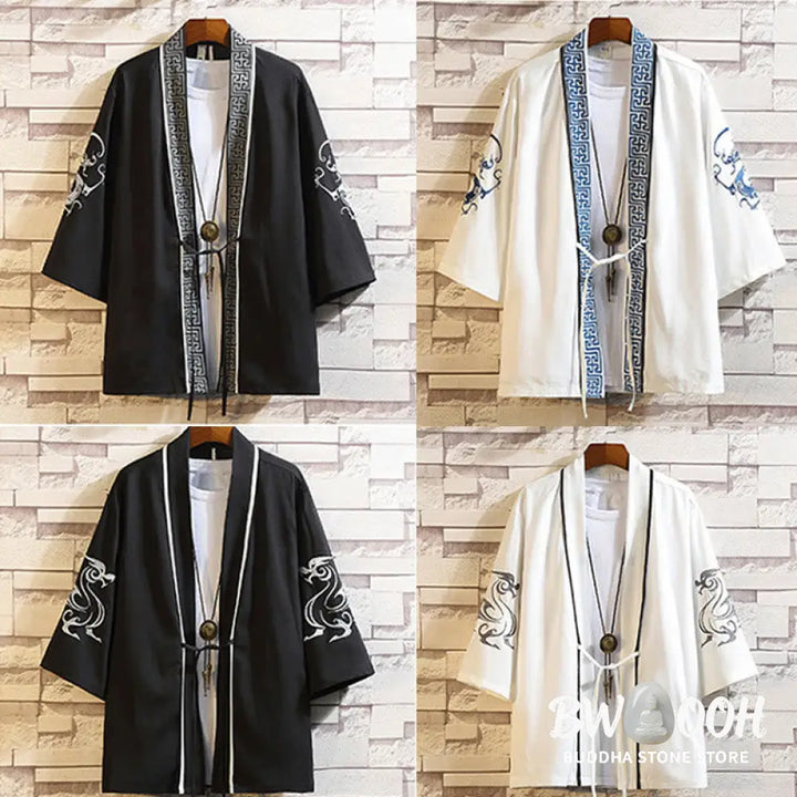 Buddha Stones Embroidery Dragon Phoenix Auspicious Cloud Waves Leaves Cranes Open Front Jacket Men’s Kimono - Men’s