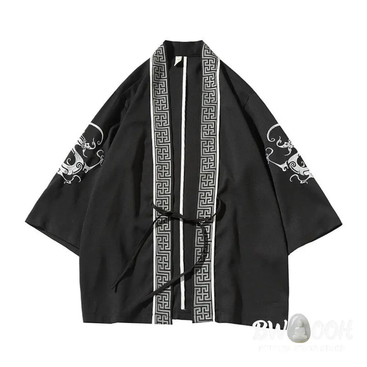 Buddha Stones Embroidery Dragon Phoenix Auspicious Cloud Waves Leaves Cranes Open Front Jacket Men’s Kimono - Men’s