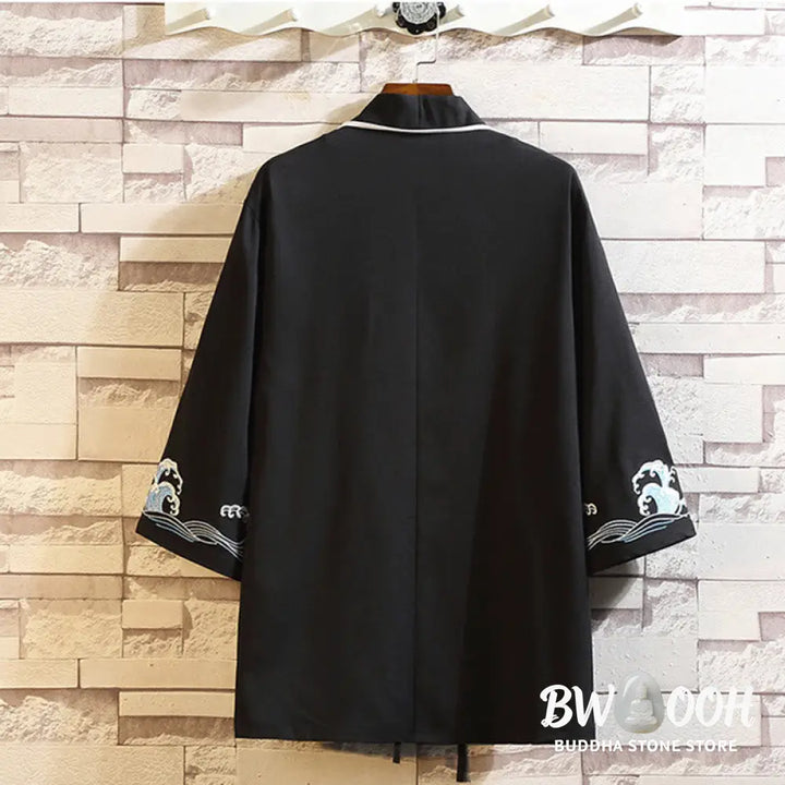 Buddha Stones Embroidery Dragon Phoenix Auspicious Cloud Waves Leaves Cranes Open Front Jacket Men’s Kimono - Men’s
