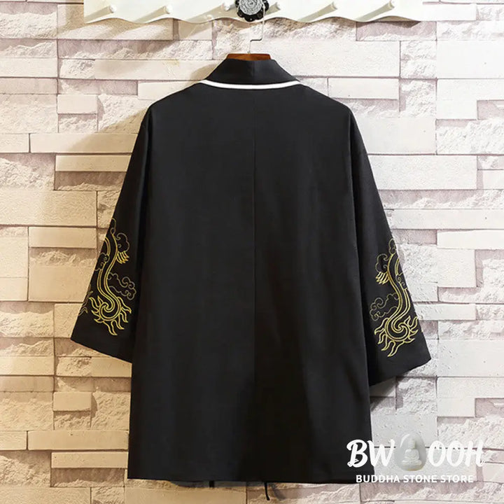 Buddha Stones Embroidery Dragon Phoenix Auspicious Cloud Waves Leaves Cranes Open Front Jacket Men’s Kimono - Men’s