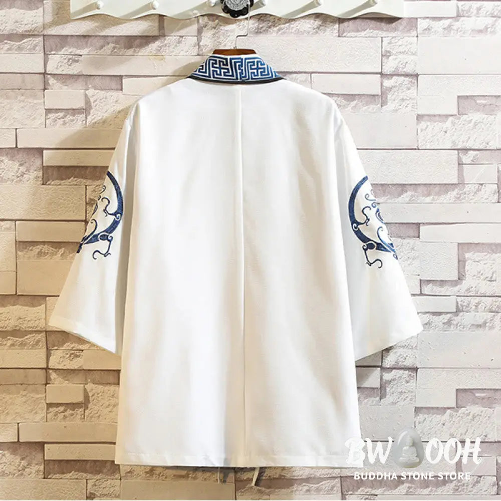 Buddha Stones Embroidery Dragon Phoenix Auspicious Cloud Waves Leaves Cranes Open Front Jacket Men’s Kimono - Men’s