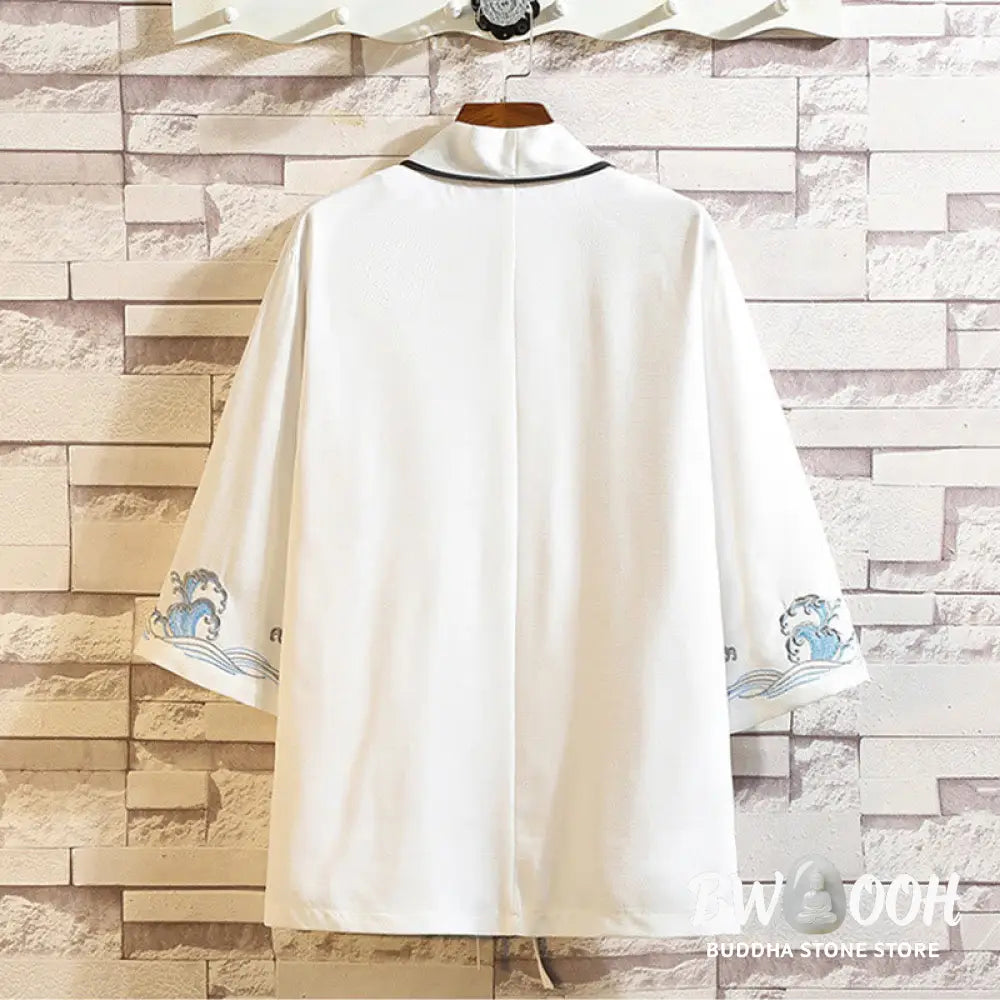 Buddha Stones Embroidery Dragon Phoenix Auspicious Cloud Waves Leaves Cranes Open Front Jacket Men’s Kimono - Men’s