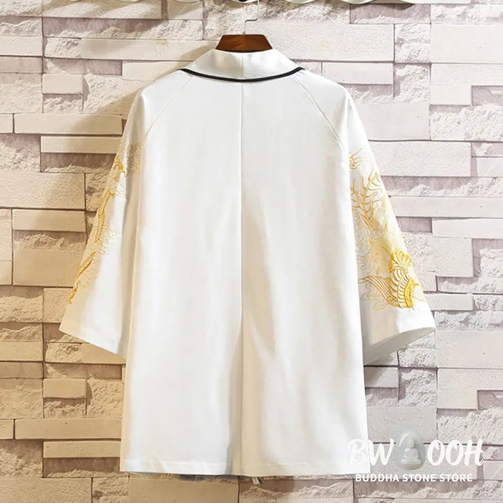 Buddha Stones Embroidery Dragon Phoenix Auspicious Cloud Waves Leaves Cranes Open Front Jacket Men’s Kimono - Men’s