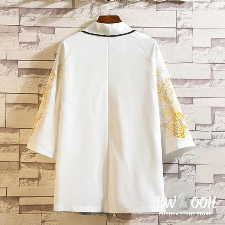 Buddha Stones Embroidery Dragon Phoenix Auspicious Cloud Waves Leaves Cranes Open Front Jacket Men’s Kimono - Men’s