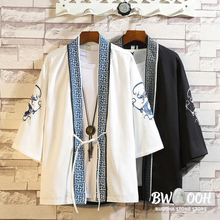 Buddha Stones Embroidery Dragon Phoenix Auspicious Cloud Waves Leaves Cranes Open Front Jacket Men’s Kimono - Men’s