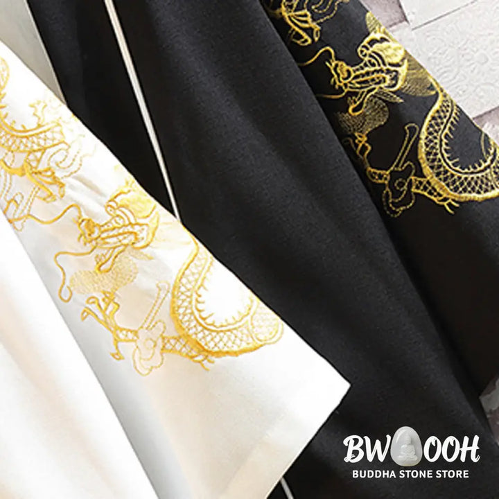 Buddha Stones Embroidery Dragon Phoenix Auspicious Cloud Waves Leaves Cranes Open Front Jacket Men’s Kimono - Men’s