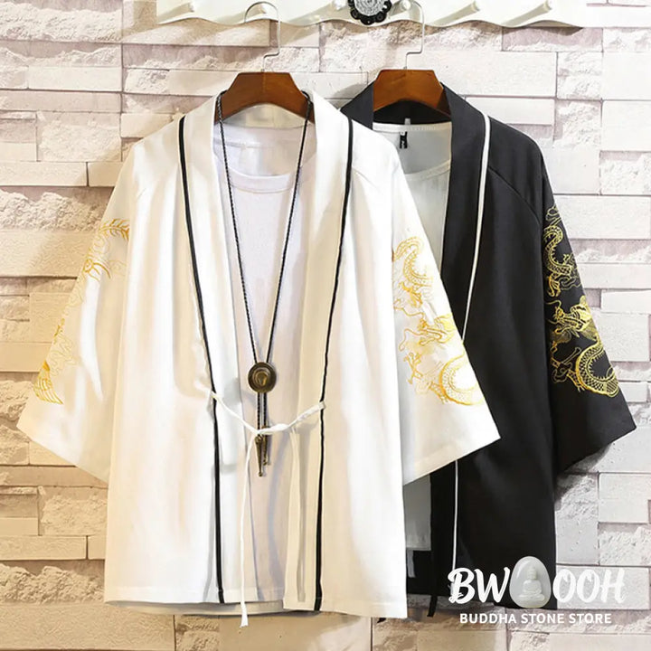 Buddha Stones Embroidery Dragon Phoenix Auspicious Cloud Waves Leaves Cranes Open Front Jacket Men’s Kimono - Men’s