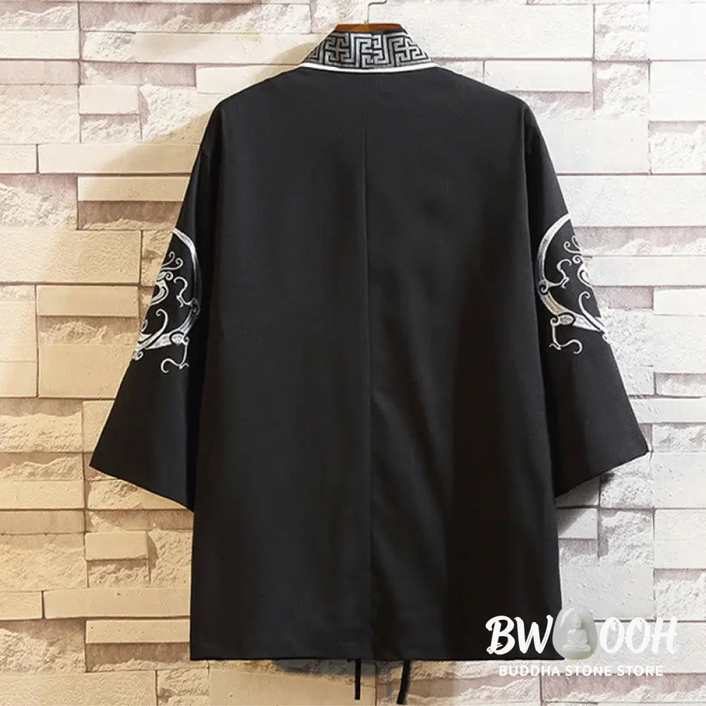 Buddha Stones Embroidery Dragon Phoenix Auspicious Cloud Waves Leaves Cranes Open Front Jacket Men’s Kimono - Men’s