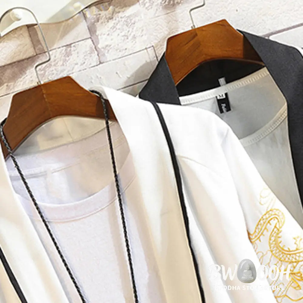 Buddha Stones Embroidery Dragon Phoenix Auspicious Cloud Waves Leaves Cranes Open Front Jacket Men’s Kimono - Men’s