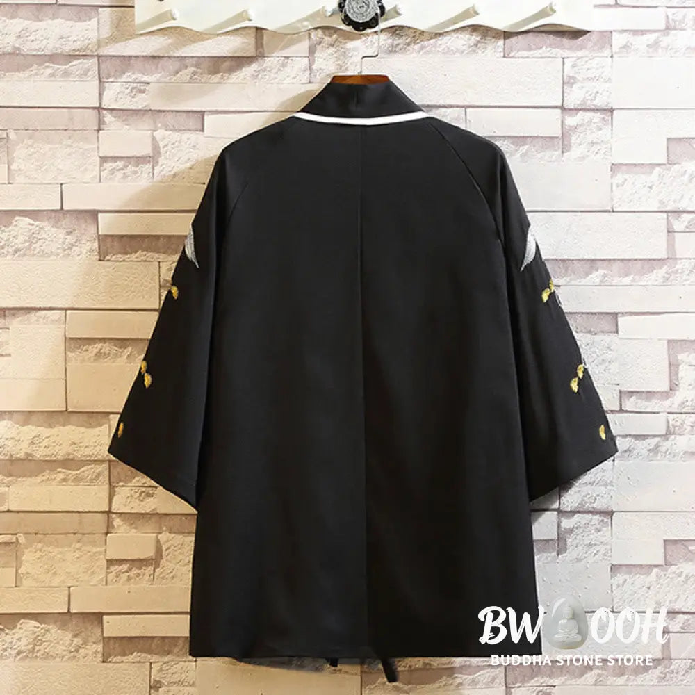 Buddha Stones Embroidery Dragon Phoenix Auspicious Cloud Waves Leaves Cranes Open Front Jacket Men’s Kimono - Men’s