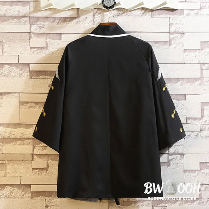 Buddha Stones Embroidery Dragon Phoenix Auspicious Cloud Waves Leaves Cranes Open Front Jacket Men’s Kimono - Men’s