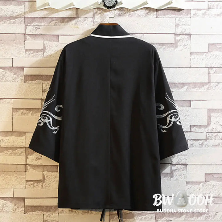 Buddha Stones Embroidery Dragon Phoenix Auspicious Cloud Waves Leaves Cranes Open Front Jacket Men’s Kimono - Men’s