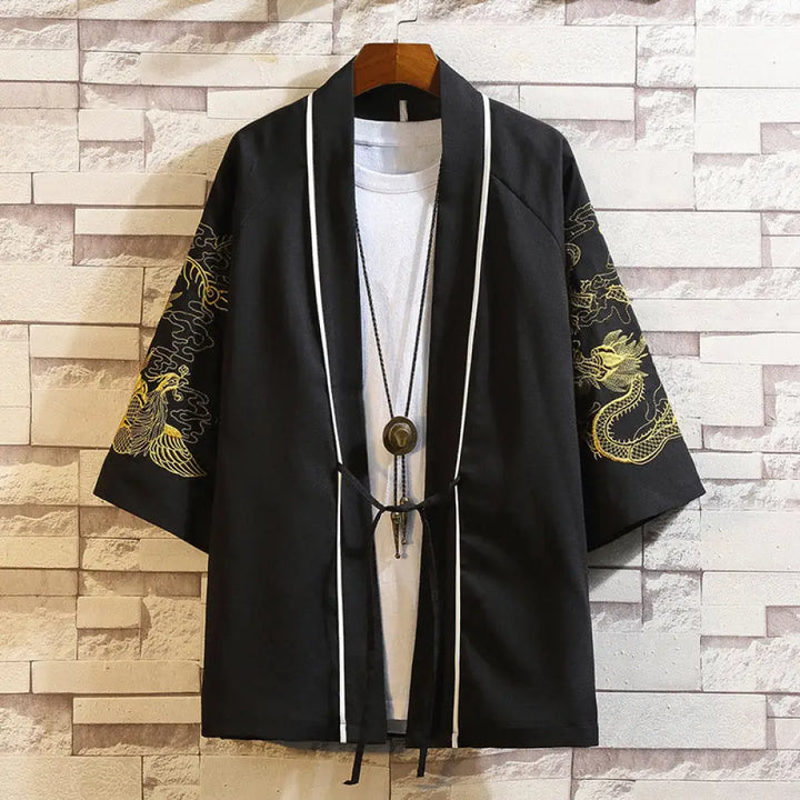 Buddha Stones Embroidery Dragon Phoenix Auspicious Cloud Waves Leaves Cranes Open Front Jacket Men’s Kimono - Golden