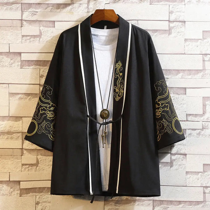 Buddha Stones Embroidery Dragon Phoenix Auspicious Cloud Waves Leaves Cranes Open Front Jacket Men’s Kimono - Golden