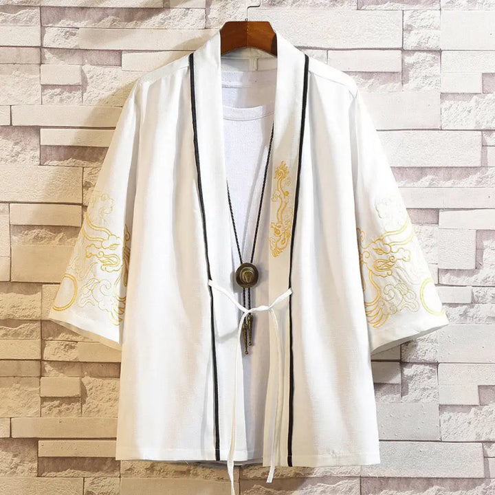 Buddha Stones Embroidery Dragon Phoenix Auspicious Cloud Waves Leaves Cranes Open Front Jacket Men’s Kimono - Golden