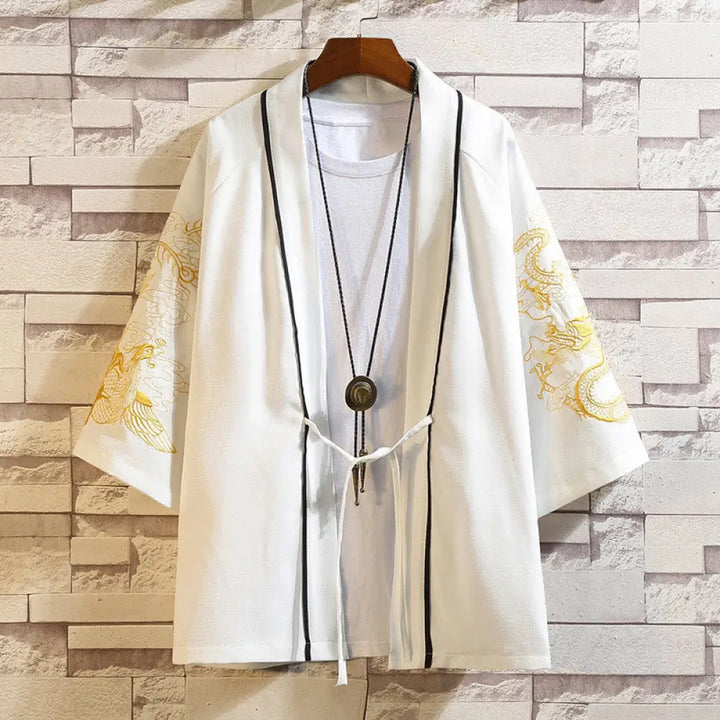 Buddha Stones Embroidery Dragon Phoenix Auspicious Cloud Waves Leaves Cranes Open Front Jacket Men’s Kimono - Golden
