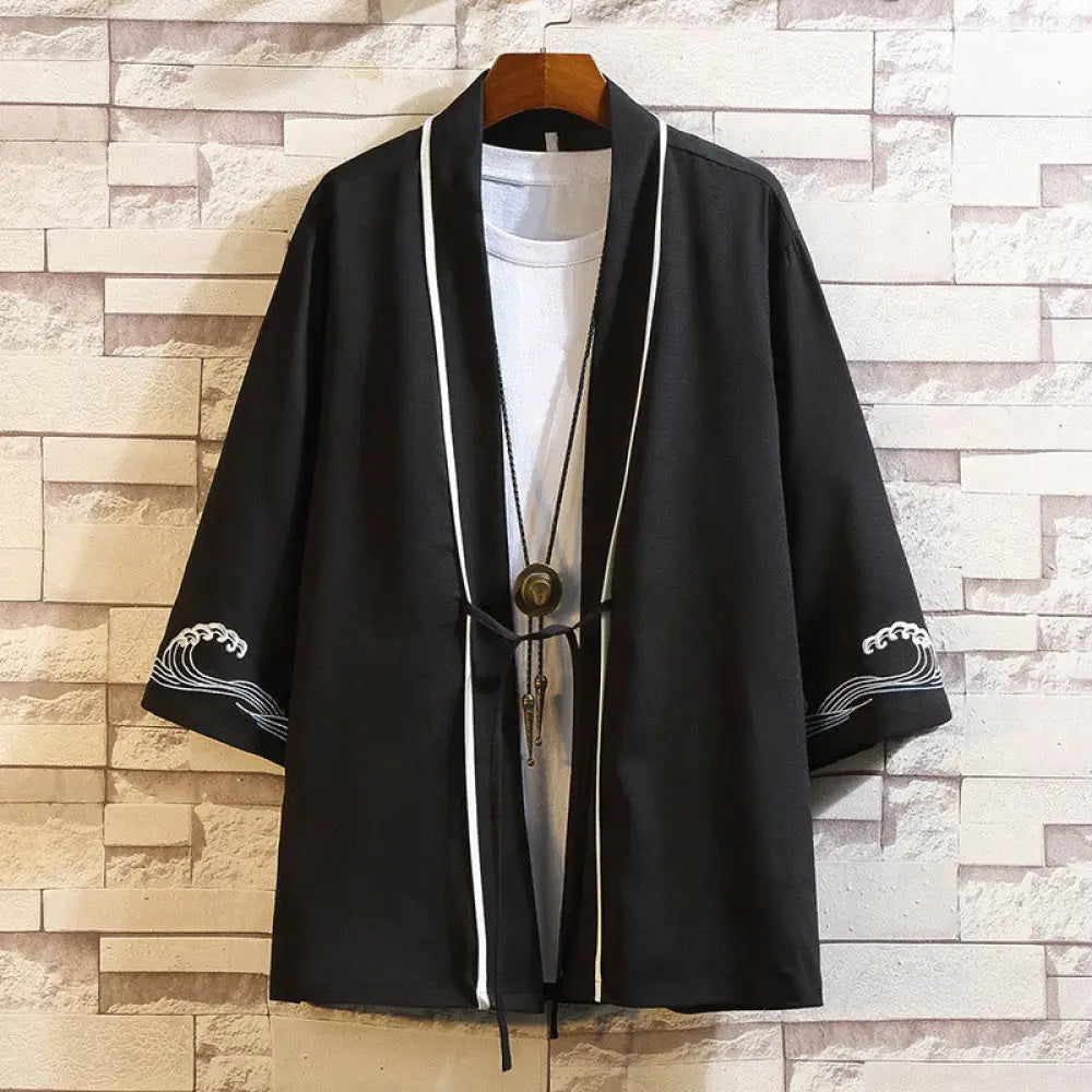 Buddha Stones Embroidery Dragon Phoenix Auspicious Cloud Waves Leaves Cranes Open Front Jacket Men’s Kimono - Ocean
