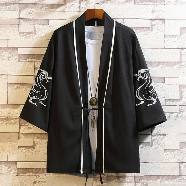 Buddha Stones Embroidery Dragon Phoenix Auspicious Cloud Waves Leaves Cranes Open Front Jacket Men’s Kimono - White
