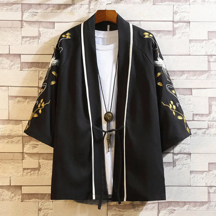 Buddha Stones Embroidery Dragon Phoenix Auspicious Cloud Waves Leaves Cranes Open Front Jacket Men’s Kimono - White