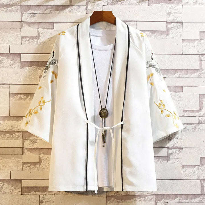 Buddha Stones Embroidery Dragon Phoenix Auspicious Cloud Waves Leaves Cranes Open Front Jacket Men’s Kimono - White