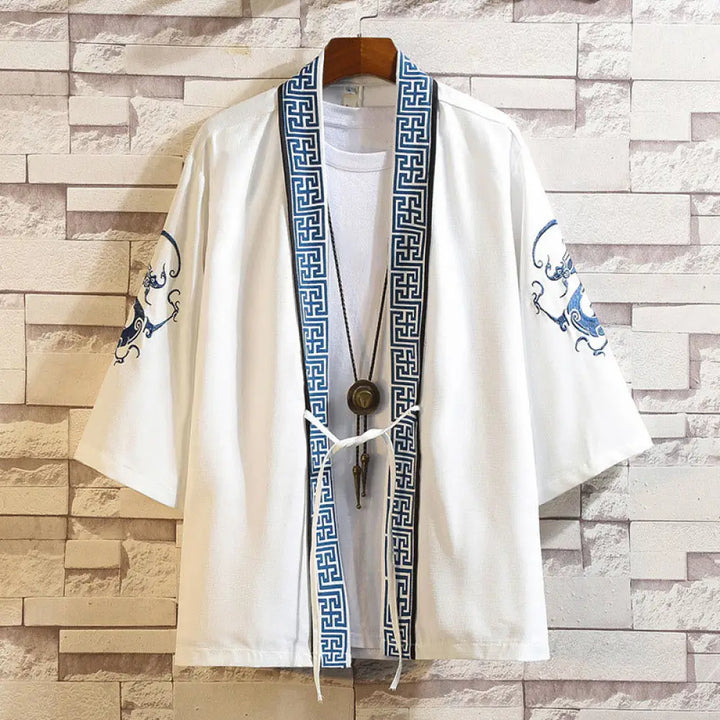 Buddha Stones Embroidery Dragon Phoenix Auspicious Cloud Waves Leaves Cranes Open Front Jacket Men’s Kimono - White