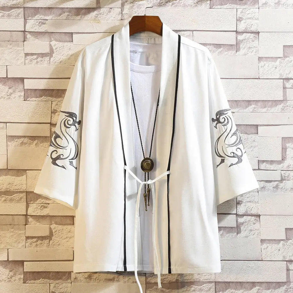Buddha Stones Embroidery Dragon Phoenix Auspicious Cloud Waves Leaves Cranes Open Front Jacket Men’s Kimono - White