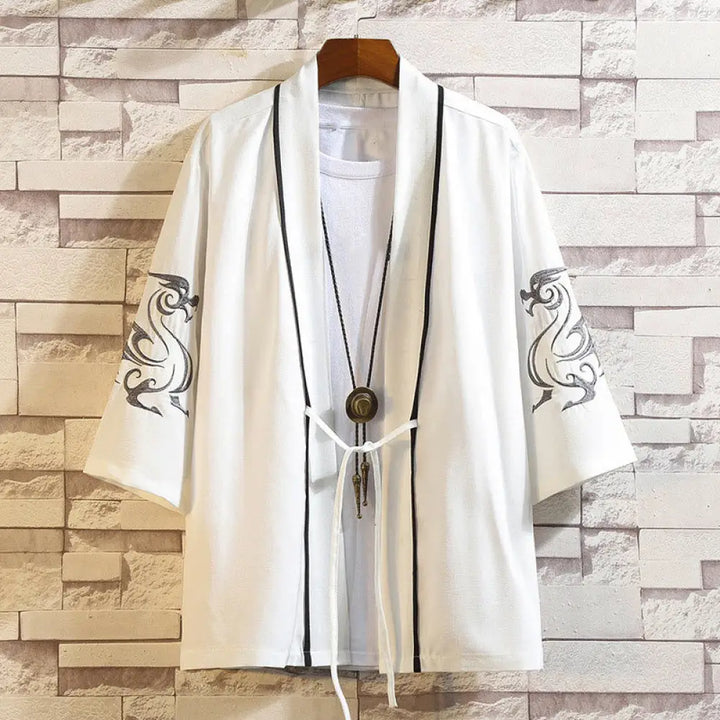 Buddha Stones Embroidery Dragon Phoenix Auspicious Cloud Waves Leaves Cranes Open Front Jacket Men’s Kimono - White