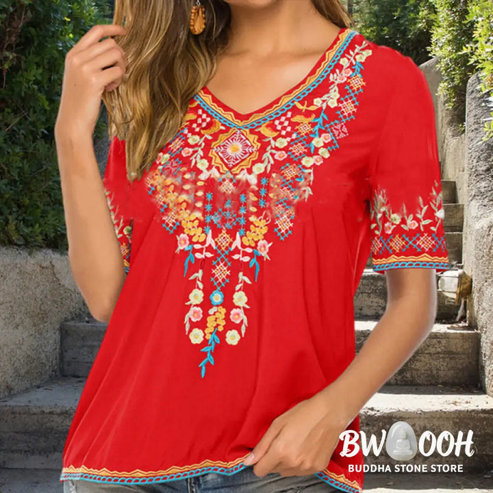 Buddha Stones Embroidery Flower Design Short Sleeve V-neck Cotton Women’s T-Shirt - Women’s T-Shirt